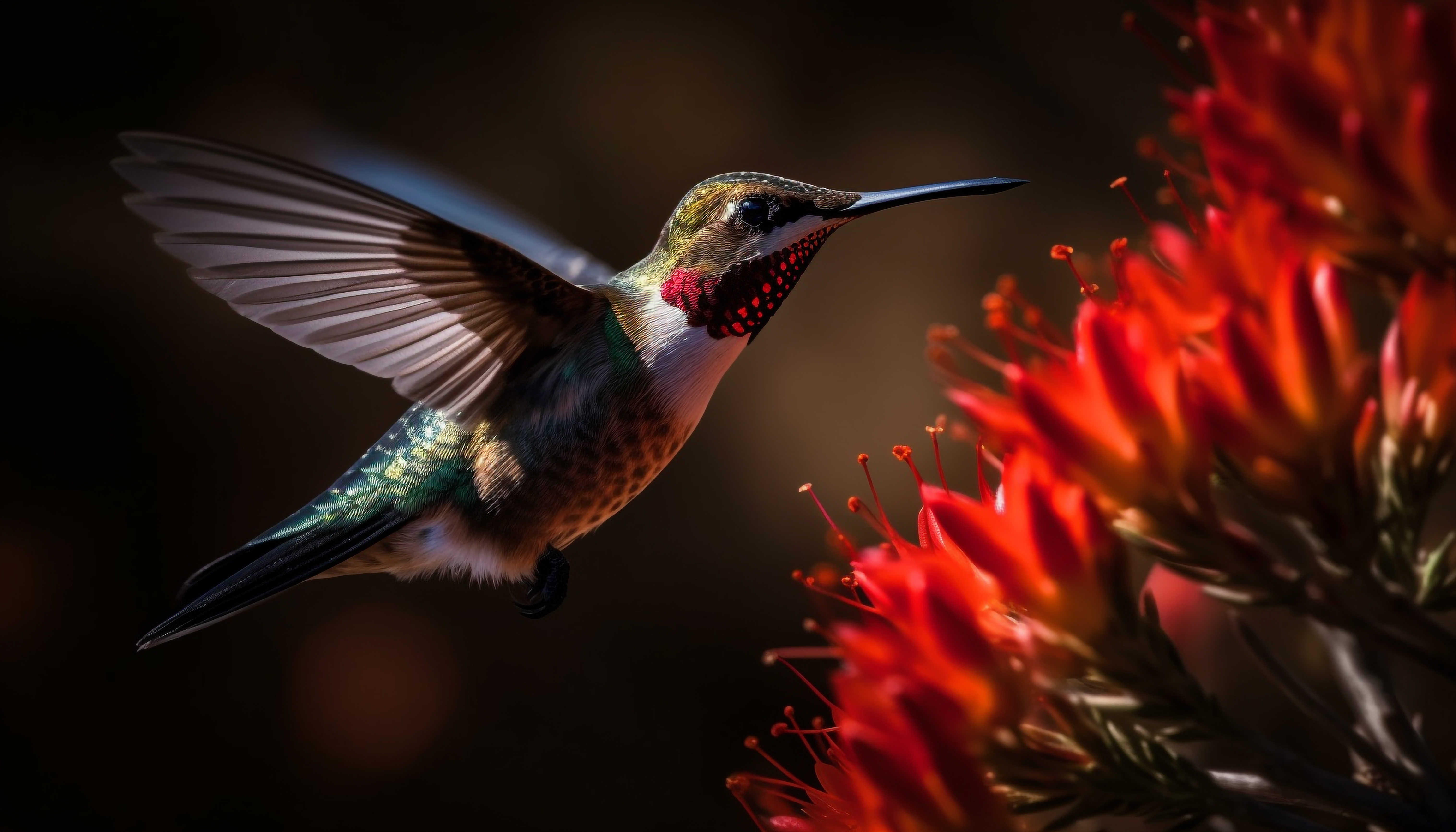 colibri volant proche fleur rouge éclatante exemple texte alternatif